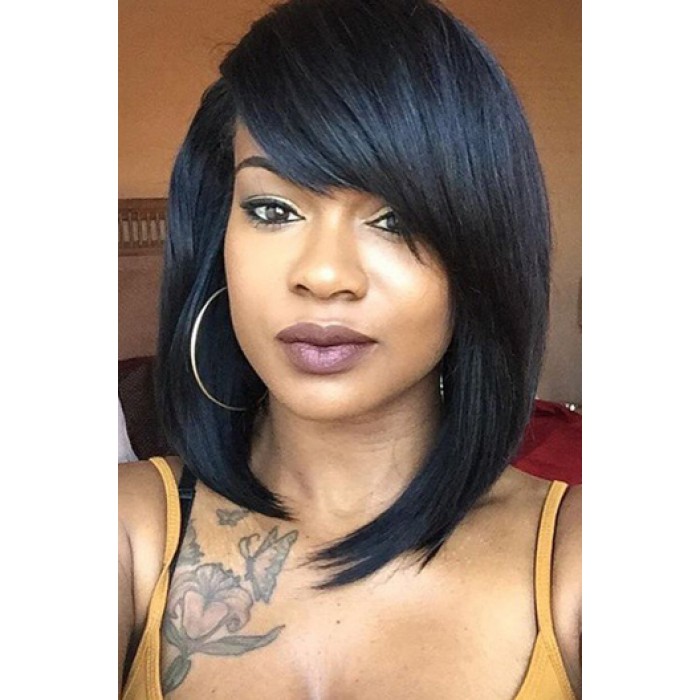 Layered Medium Bob With Side Swept Bangs Celebrity Lace Wigs 150